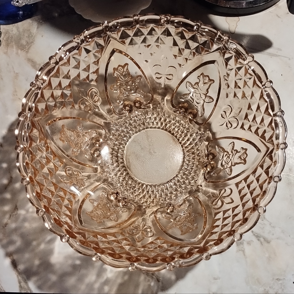 Kig Pink Vintage Glass 10" Serving Bowl, Feet Fleur-De-Lis Roses